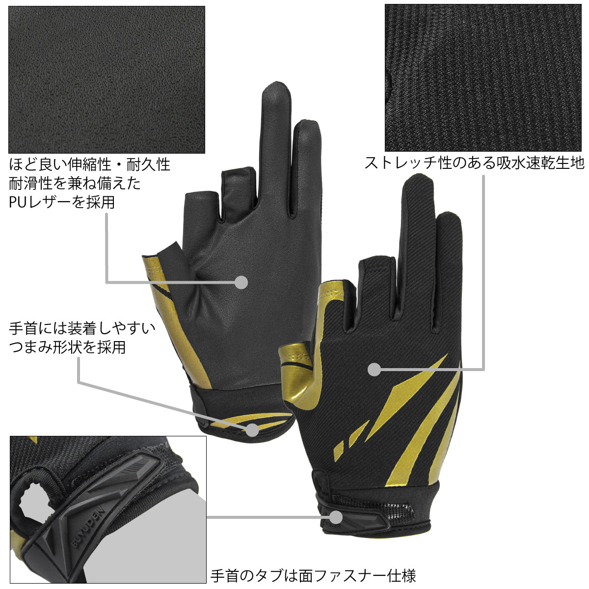 BUYUDEN Fishing Gloves Black x Gold 3 Cuts